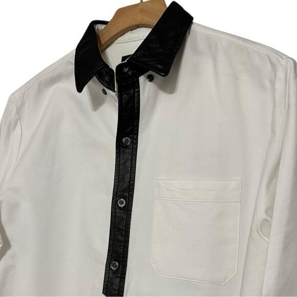 Matiere Men’s Size S White Cotton Black Leather Trim Button Down Shirt - Picture 1 of 7
